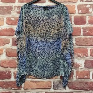 Bisou Bisou Kimono Top Women's XS Blue Tan Multicolor Boho Floral Blouse